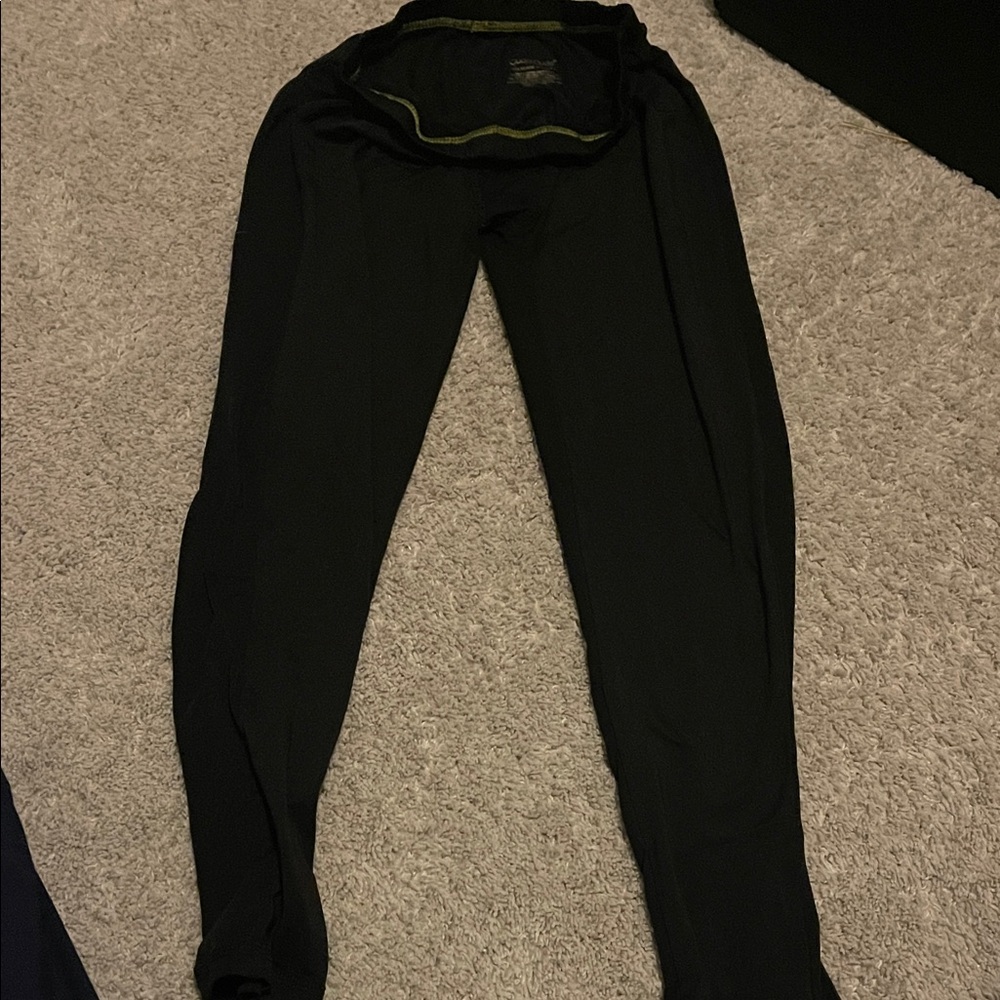 Size L Kids Cuddl Duds Black Leggings with Green Stitching - base layer or PJs